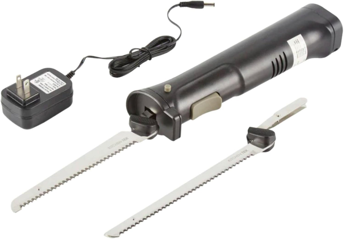 Kitchen Tek Electric Knife Set, 1 Electric Knife With Motorized Handle - Includes 1 Bread and 1 Carving Tool, 1 Case, Black Plastic Food Cutter With Stainless Steel Blades