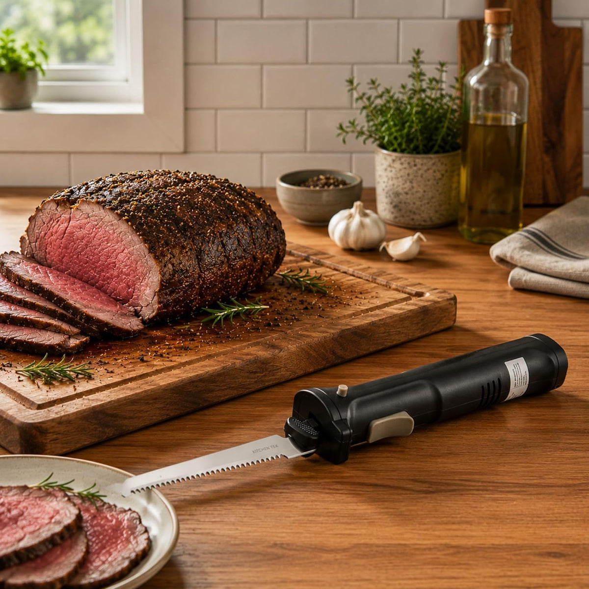 Kitchen Tek Electric Knife Set, 1 Electric Knife With Motorized Handle - Includes 1 Bread and 1 Carving Tool, 1 Case, Black Plastic Food Cutter With Stainless Steel Blades