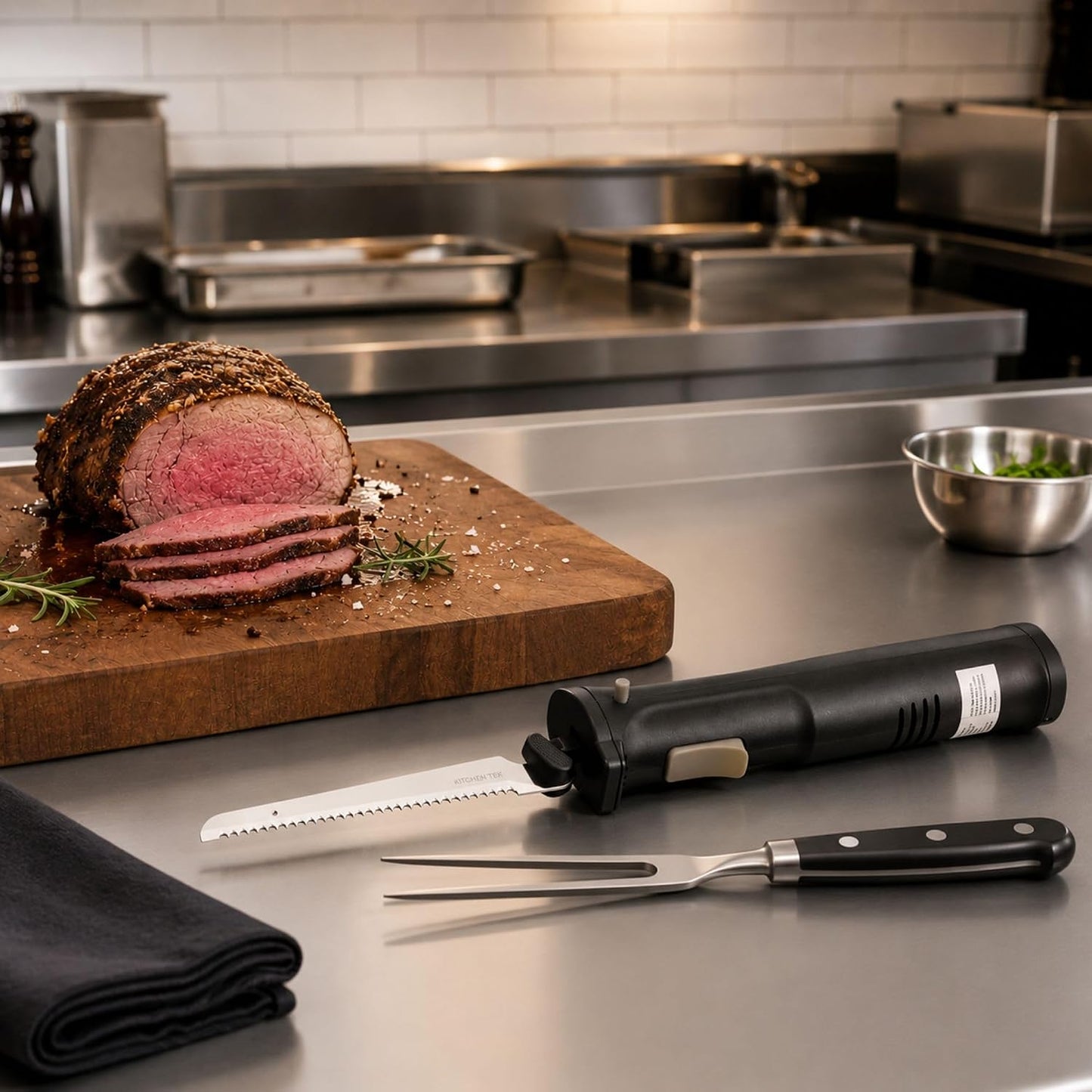 Kitchen Tek Electric Knife Set, 1 Electric Knife With Motorized Handle - Includes 1 Bread and 1 Carving Tool, 1 Case, Black Plastic Food Cutter With Stainless Steel Blades