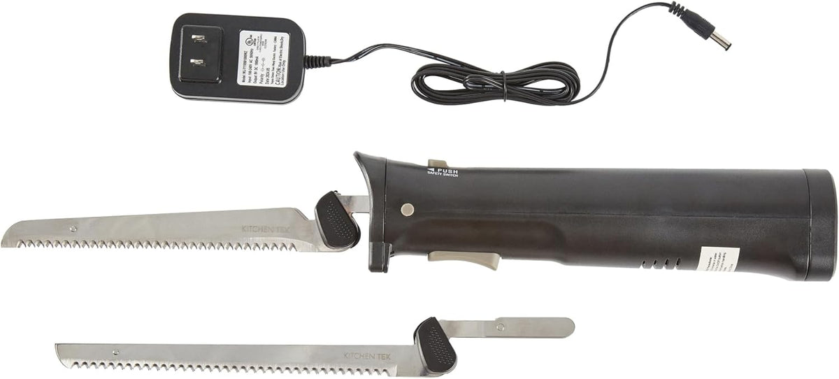 Kitchen Tek Electric Knife Set, 1 Electric Knife With Motorized Handle - Includes 1 Bread and 1 Carving Tool, 1 Case, Black Plastic Food Cutter With Stainless Steel Blades