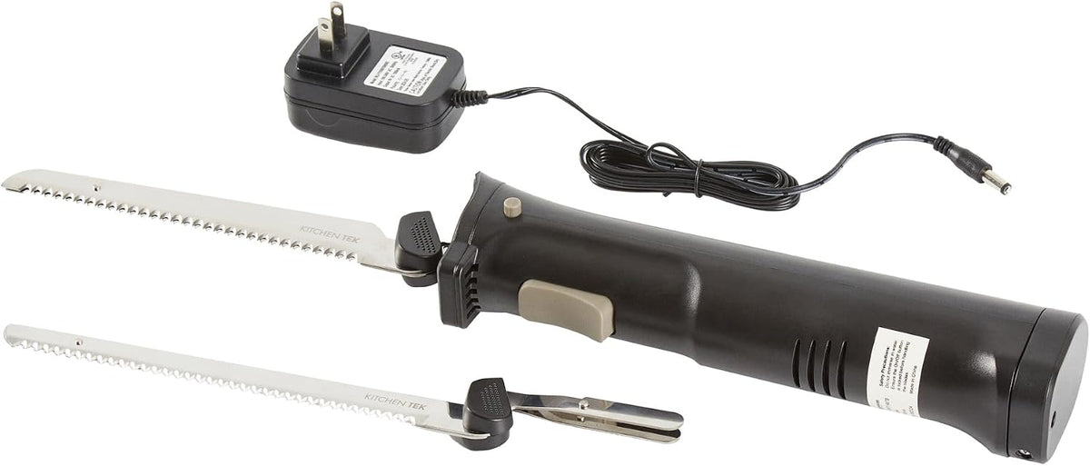 Kitchen Tek Electric Knife Set, 1 Electric Knife With Motorized Handle - Includes 1 Bread and 1 Carving Tool, 1 Case, Black Plastic Food Cutter With Stainless Steel Blades