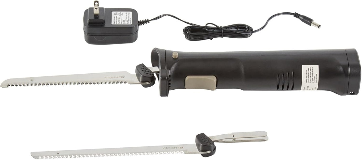 Kitchen Tek Electric Knife Set, 1 Electric Knife With Motorized Handle - Includes 1 Bread and 1 Carving Tool, 1 Case, Black Plastic Food Cutter With Stainless Steel Blades