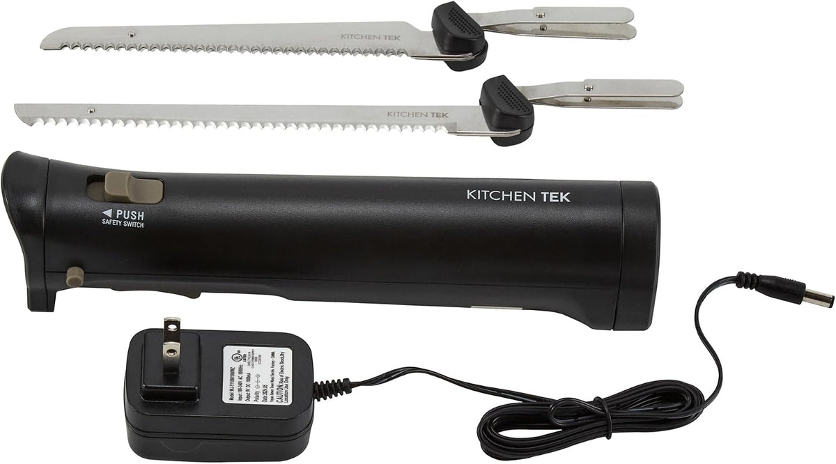 Kitchen Tek Electric Knife Set, 1 Electric Knife With Motorized Handle - Includes 1 Bread and 1 Carving Tool, 1 Case, Black Plastic Food Cutter With Stainless Steel Blades