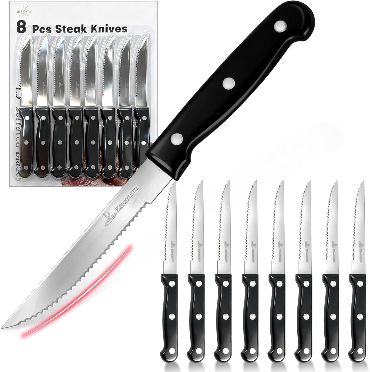 Upgraded Steak Knives Set of 8, Uncoated Stainless Steel Serrated Steak Knife Set, 4.5 Inch Steak Knife with Ergonomic Handle and Sharp Blades, Dishwasher Safe Dinner Knives for Kitchen, Restaurant