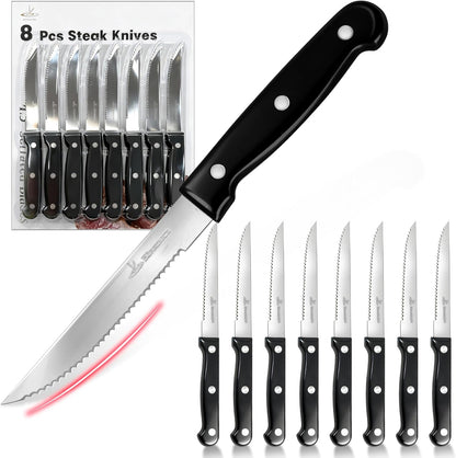 Upgraded Steak Knives Set of 8, Uncoated Stainless Steel Serrated Steak Knife Set, 4.5 Inch Steak Knife with Ergonomic Handle and Sharp Blades, Dishwasher Safe Dinner Knives for Kitchen, Restaurant