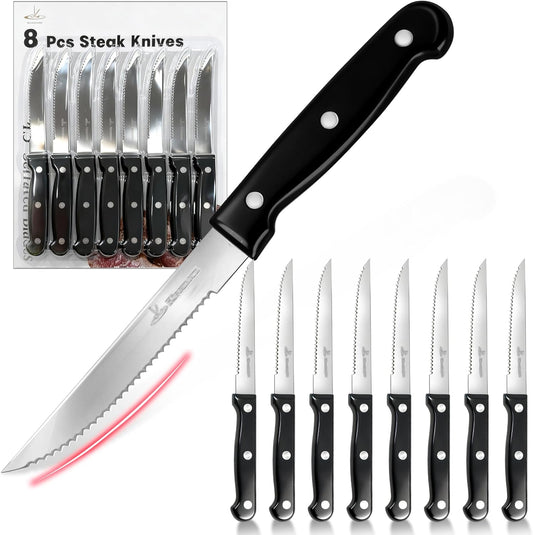 Upgraded Steak Knives Set of 8, Uncoated Stainless Steel Serrated Steak Knife Set, 4.5 Inch Steak Knife with Ergonomic Handle and Sharp Blades, Dishwasher Safe Dinner Knives for Kitchen, Restaurant
