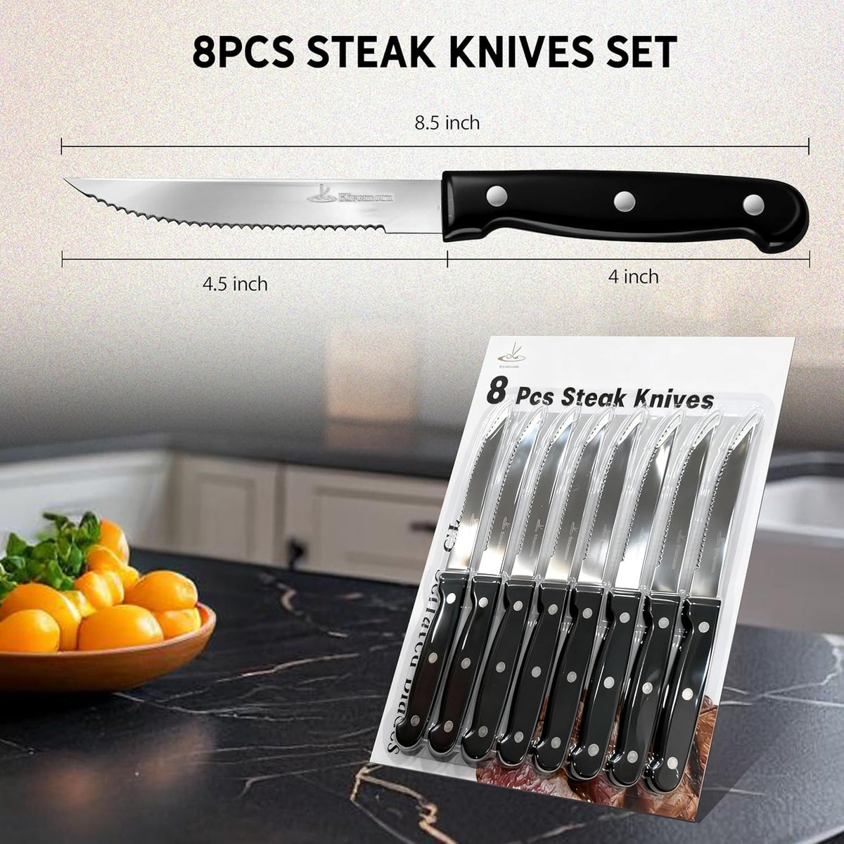 Upgraded Steak Knives Set of 8, Uncoated Stainless Steel Serrated Steak Knife Set, 4.5 Inch Steak Knife with Ergonomic Handle and Sharp Blades, Dishwasher Safe Dinner Knives for Kitchen, Restaurant