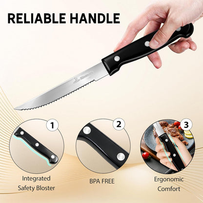 Upgraded Steak Knives Set of 8, Uncoated Stainless Steel Serrated Steak Knife Set, 4.5 Inch Steak Knife with Ergonomic Handle and Sharp Blades, Dishwasher Safe Dinner Knives for Kitchen, Restaurant