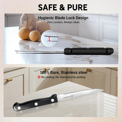 Upgraded Steak Knives Set of 8, Uncoated Stainless Steel Serrated Steak Knife Set, 4.5 Inch Steak Knife with Ergonomic Handle and Sharp Blades, Dishwasher Safe Dinner Knives for Kitchen, Restaurant
