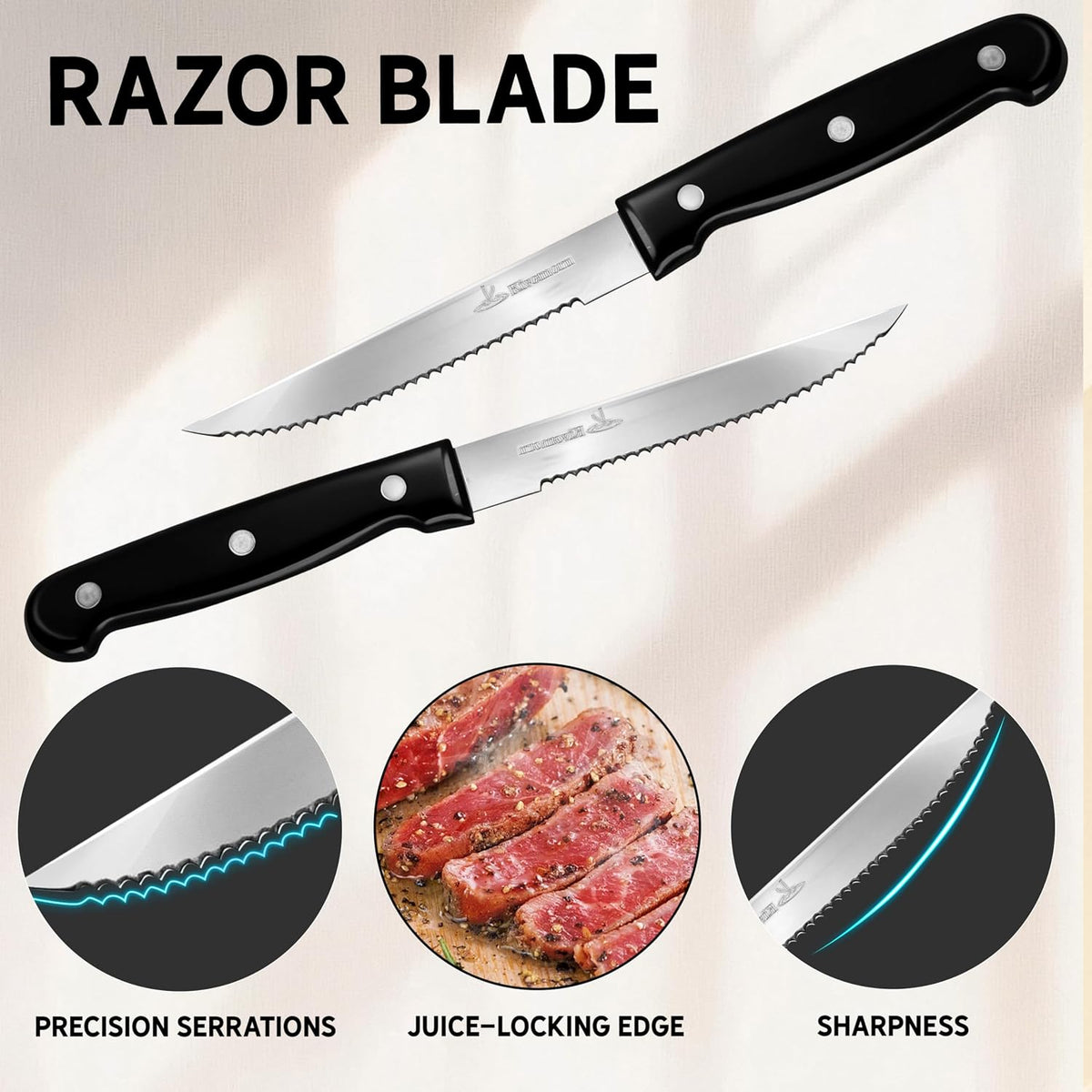 Upgraded Steak Knives Set of 8, Uncoated Stainless Steel Serrated Steak Knife Set, 4.5 Inch Steak Knife with Ergonomic Handle and Sharp Blades, Dishwasher Safe Dinner Knives for Kitchen, Restaurant