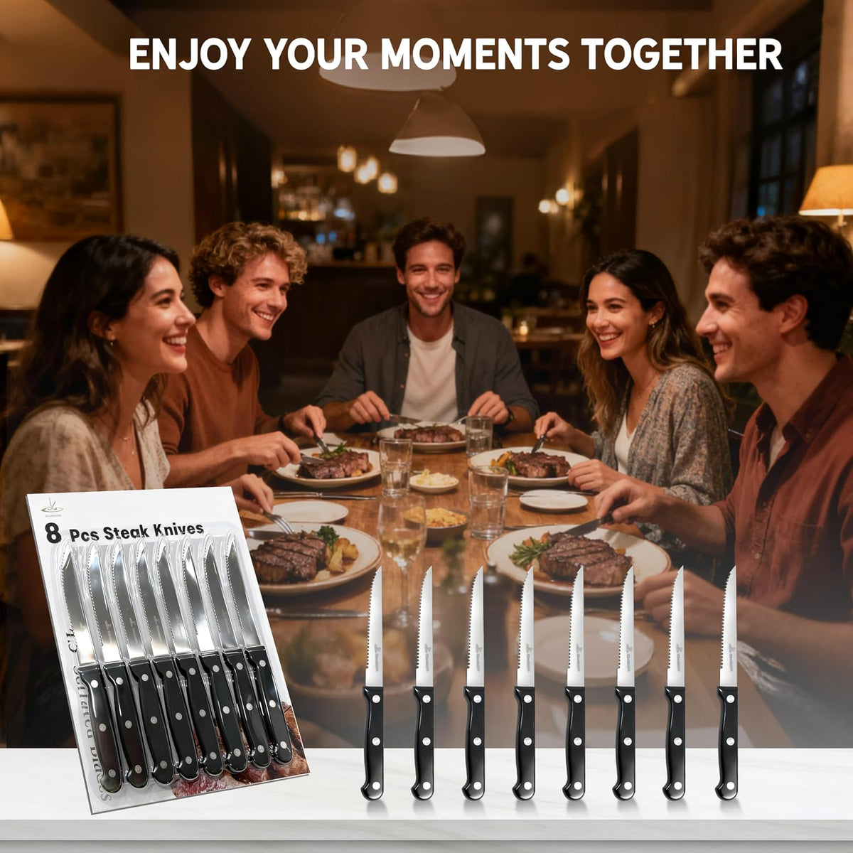 Upgraded Steak Knives Set of 8, Uncoated Stainless Steel Serrated Steak Knife Set, 4.5 Inch Steak Knife with Ergonomic Handle and Sharp Blades, Dishwasher Safe Dinner Knives for Kitchen, Restaurant