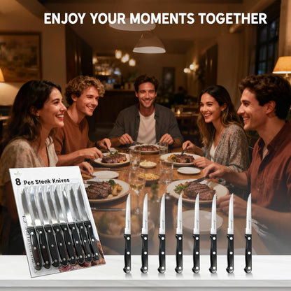 Upgraded Steak Knives Set of 8, Uncoated Stainless Steel Serrated Steak Knife Set, 4.5 Inch Steak Knife with Ergonomic Handle and Sharp Blades, Dishwasher Safe Dinner Knives for Kitchen, Restaurant