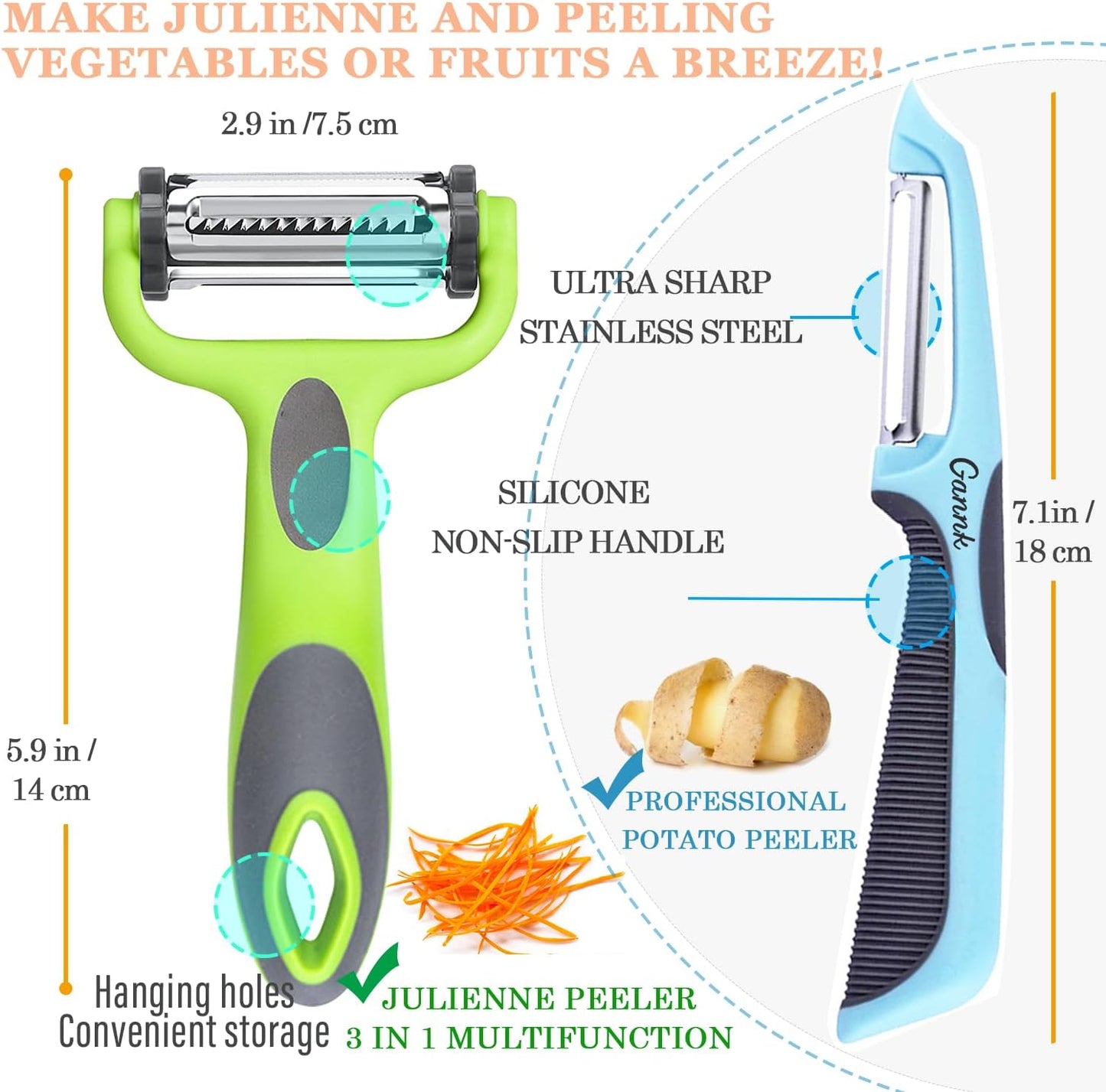 Potato Apple Vegetable Peelers for Kitchen, I and Y Peelers for Fruit Veggie Potatoes Carrot Cucumber, 3 in 1 Blade Spin Design With Julienne Multifunctional