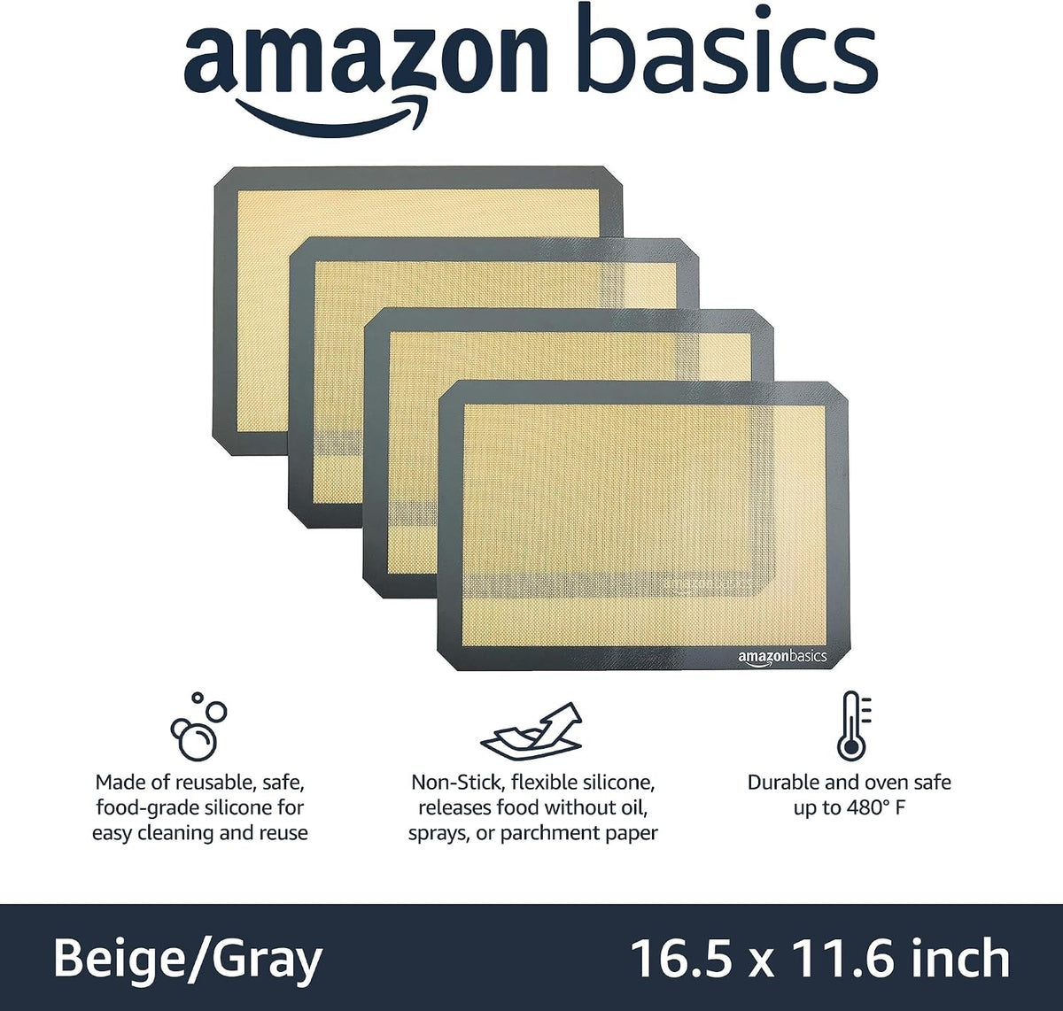 Silicone Rectangular Baking Mat, Non-Stick, Reusable, Dishwasher Safe, Food Safe, Heat Resistant, 16.5" x 11.6", Beige/Gray, 2-Pack