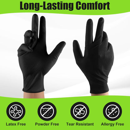 10 Mil Heavy Duty Black Nitrile Mechanic Gloves, 50 Count M | Diamond Grip, Latex & Powder Free for DIY Repairs, Home Garage, Motorcycle Maintenance & Everyday Projects