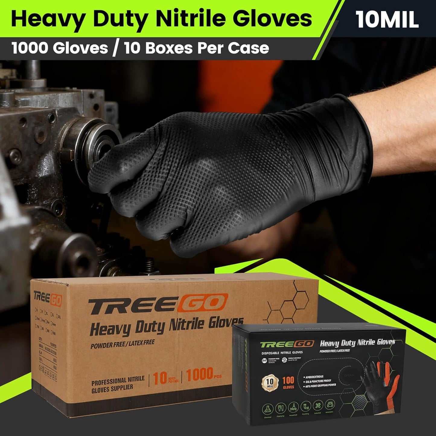 10 Mil Heavy Duty Black Nitrile Mechanic Gloves, 50 Count M | Diamond Grip, Latex & Powder Free for DIY Repairs, Home Garage, Motorcycle Maintenance & Everyday Projects