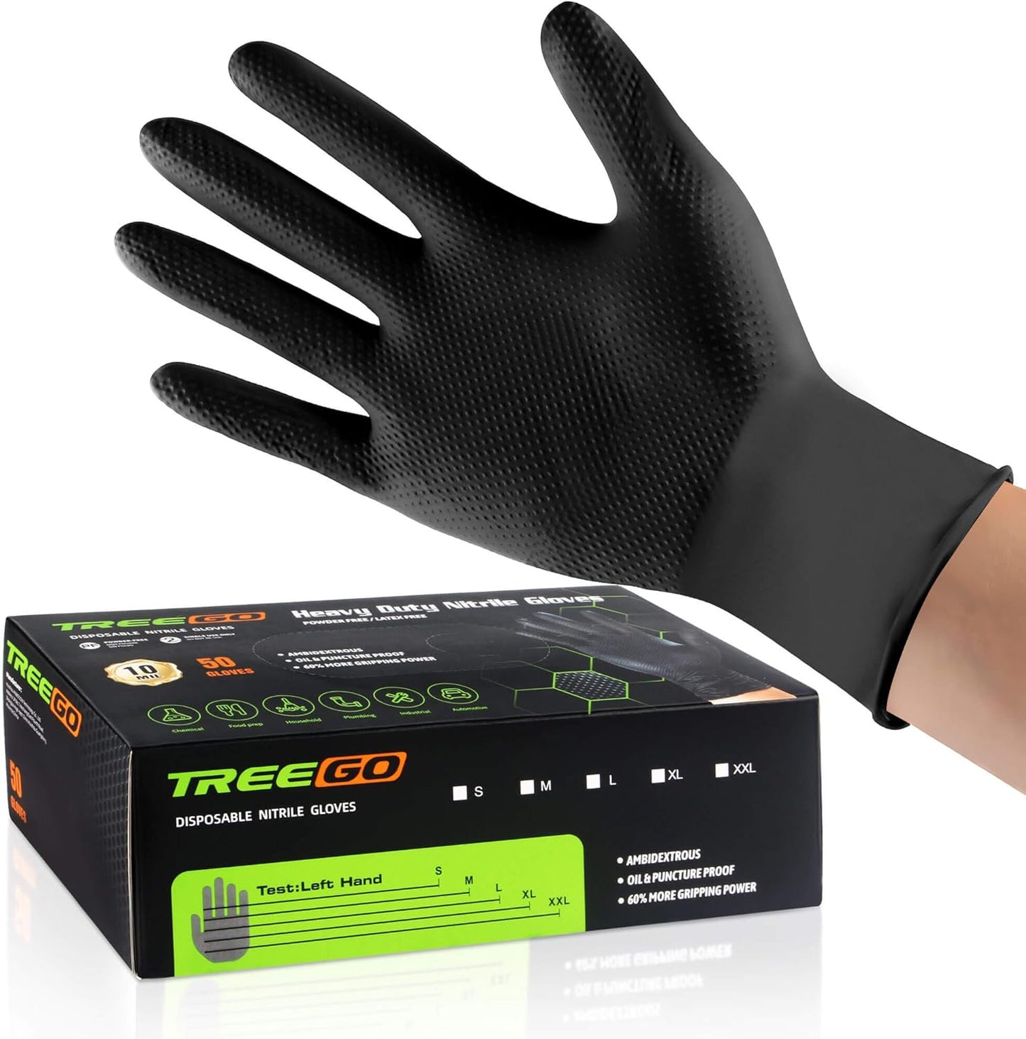 10 Mil Heavy Duty Black Nitrile Mechanic Gloves, 50 Count M | Diamond Grip, Latex & Powder Free for DIY Repairs, Home Garage, Motorcycle Maintenance & Everyday Projects