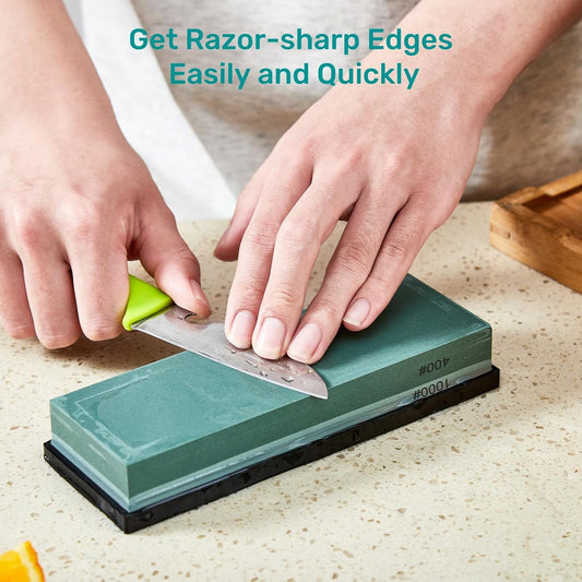 Knife Sharpening Stone with Non-slip Rubber Base, 400/1000 Grit Premium Whetstone, Double-Sided Knife Sharpener for Kitchen, Waterstone for Honing Blades Manually