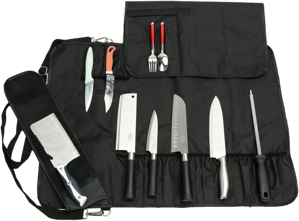Knife Roll,Chef Knife Roll Bag With 17 Slots Can Holds13 Knives,1 Meat Cleaver, And 3 Utensil Pockets,Durable Knife Bag With Handle,Shoulder Strap & Zippered Mesh Pocket Holder
