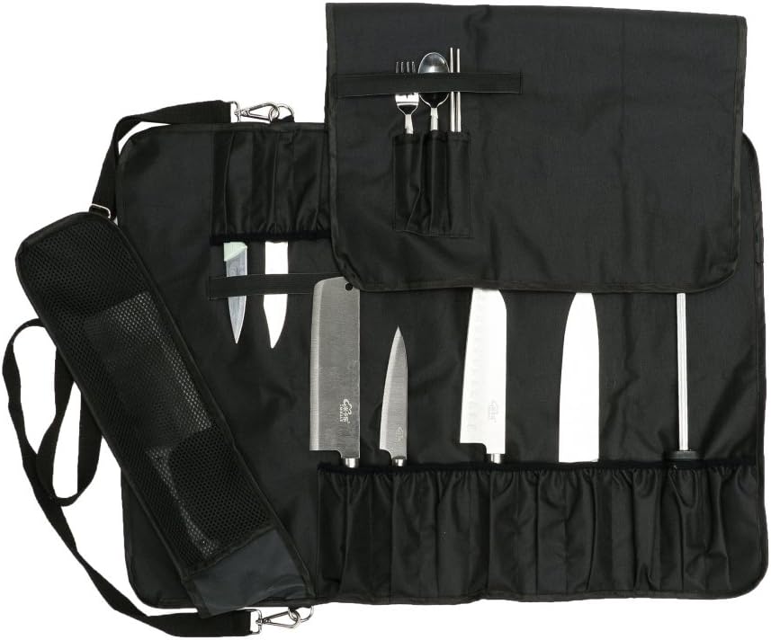 Knife Roll,Chef Knife Roll Bag With 17 Slots Can Holds13 Knives,1 Meat Cleaver, And 3 Utensil Pockets,Durable Knife Bag With Handle,Shoulder Strap & Zippered Mesh Pocket Holder
