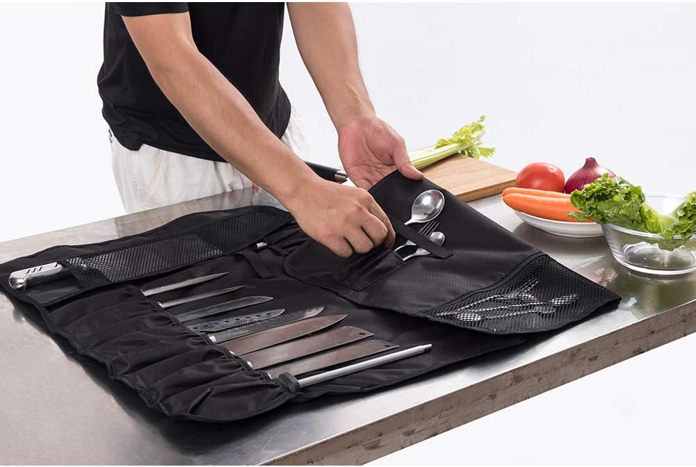 Knife Roll,Chef Knife Roll Bag With 17 Slots Can Holds13 Knives,1 Meat Cleaver, And 3 Utensil Pockets,Durable Knife Bag With Handle,Shoulder Strap & Zippered Mesh Pocket Holder