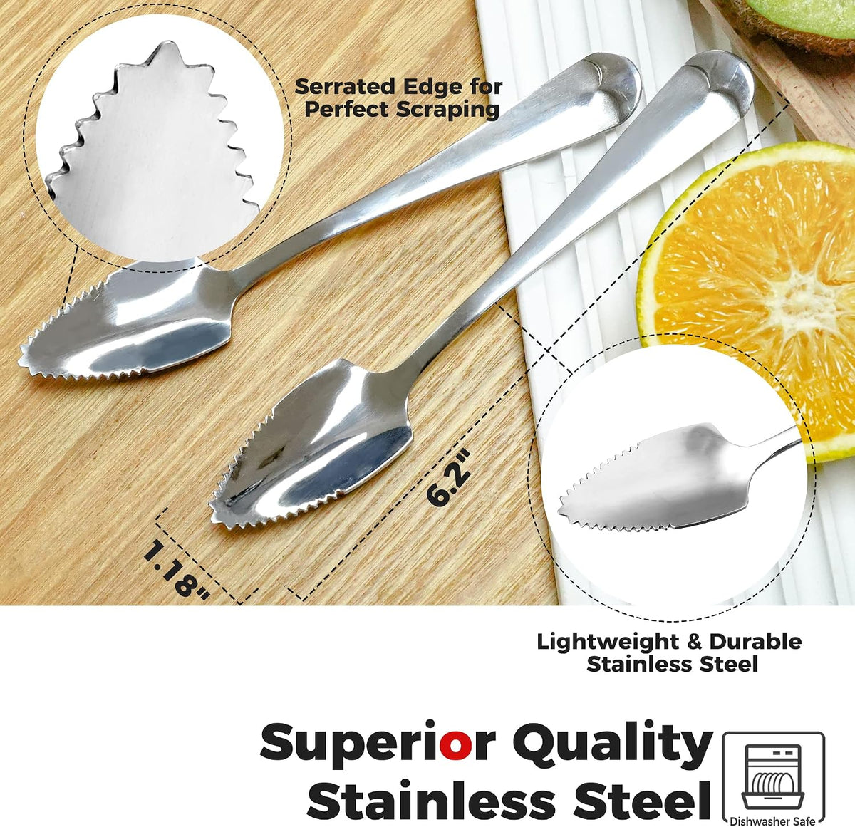 Grapefruit Spoons ,Set of 2 Grapefruit Spoons serrated stainless steel ,grapefruit spoon Baby fruit spoon scraper, Spoons with Serrated Edges for Orange & Kiwi, Ginger Peeler