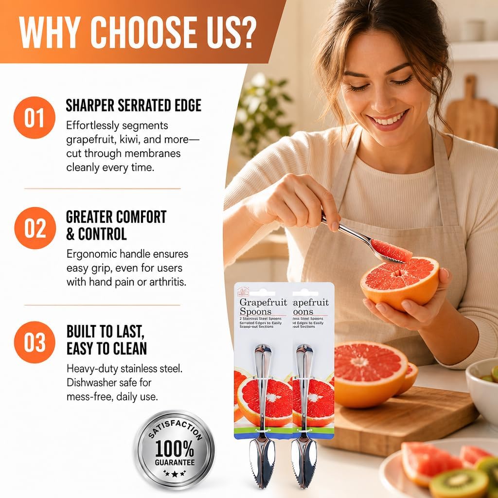 Grapefruit Spoons ,Set of 2 Grapefruit Spoons serrated stainless steel ,grapefruit spoon Baby fruit spoon scraper, Spoons with Serrated Edges for Orange & Kiwi, Ginger Peeler