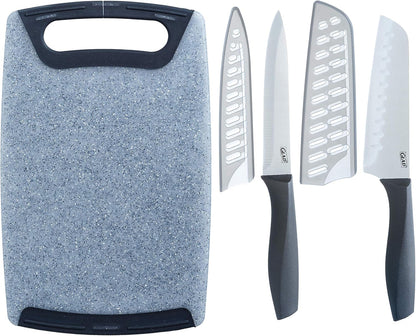 Glad Knife Set with Cutting Board, 5 Pieces | Sharp Santoku and Utility Knives with Blade Covers and Plastic Chopping Block | Kitchen Cooking Accessories