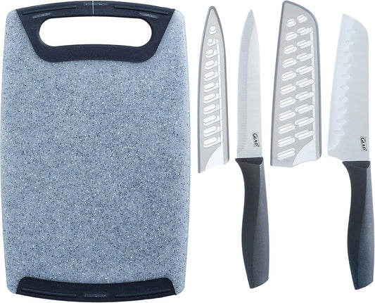 Glad Knife Set with Cutting Board, 5 Pieces | Sharp Santoku and Utility Knives with Blade Covers and Plastic Chopping Block | Kitchen Cooking Accessories