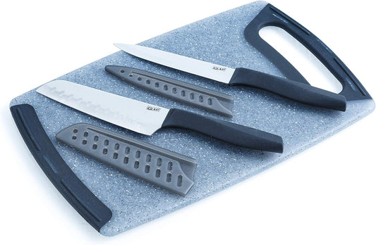 Glad Knife Set with Cutting Board, 5 Pieces | Sharp Santoku and Utility Knives with Blade Covers and Plastic Chopping Block | Kitchen Cooking Accessories