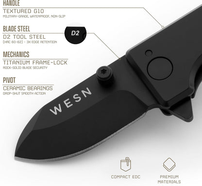 Microblade Premium Folding Pocket Knife - 1.5" D2 Steel Blade, Compact Titanium EDC Knife with G10 Handle, Manual Thumb Stud, Deep Carry Clip - Lightweight Everyday Carry (Blacked Out)