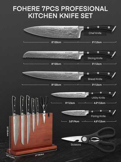 Kitchen Knife Set, FOHERE Knives Set with Magnetic Knife Holder and Sharpener, 7 Pieces Sharp Chef Knife Set with Ergonomic Handle, High Carbon Stainless Steel Knives Set for kitchen