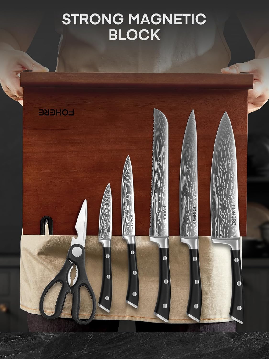 Kitchen Knife Set, FOHERE Knives Set with Magnetic Knife Holder and Sharpener, 7 Pieces Sharp Chef Knife Set with Ergonomic Handle, High Carbon Stainless Steel Knives Set for kitchen