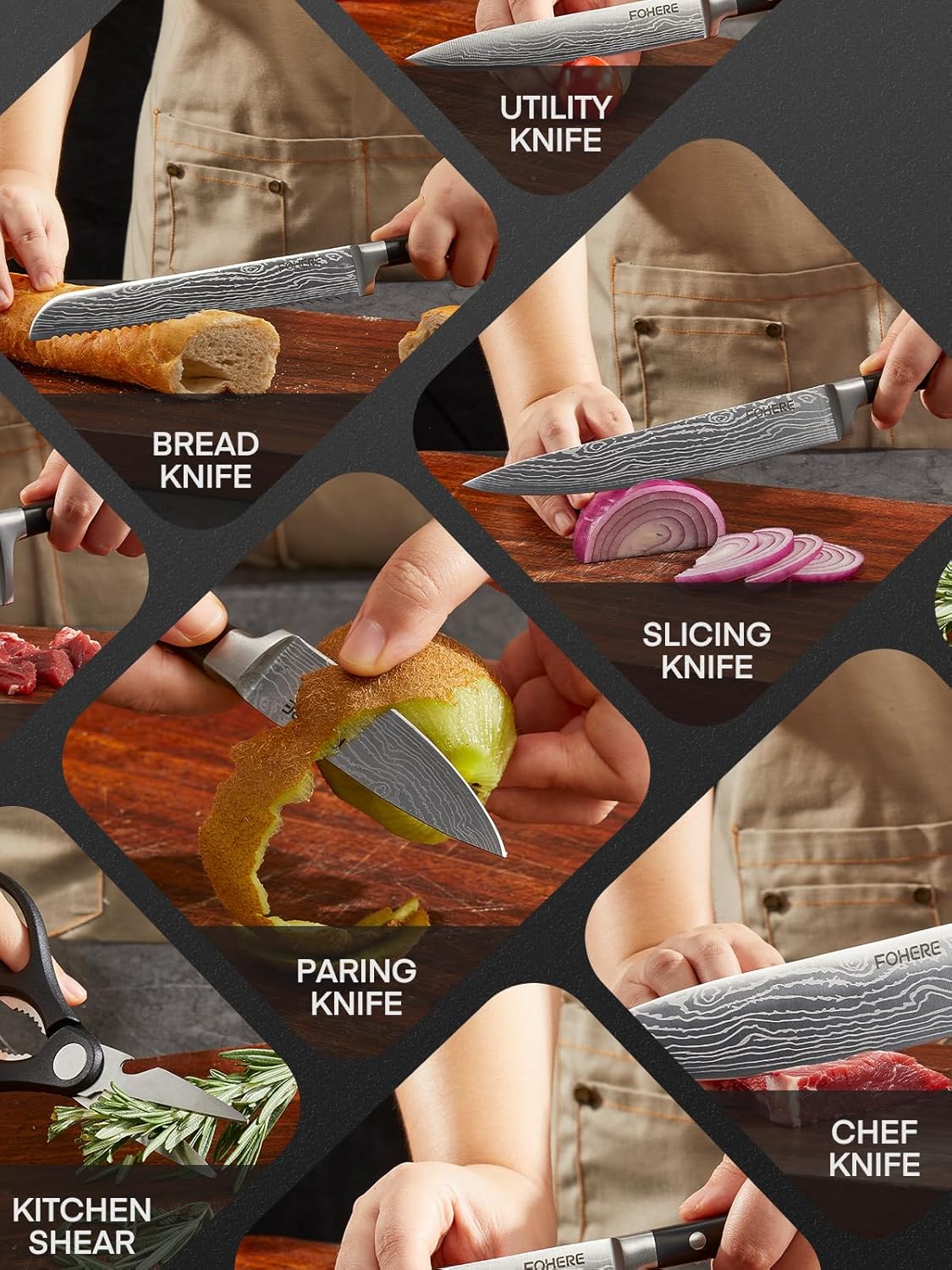 Kitchen Knife Set, FOHERE Knives Set with Magnetic Knife Holder and Sharpener, 7 Pieces Sharp Chef Knife Set with Ergonomic Handle, High Carbon Stainless Steel Knives Set for kitchen