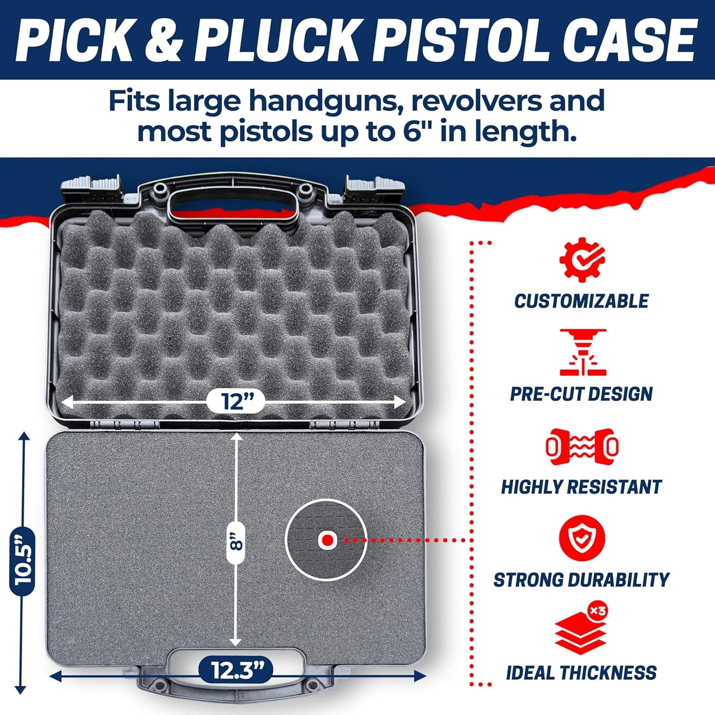 TSA Approved Hard Gun Case – Airline Approved Lockable Pistol Carrying Case with Dual Latch & Customizable Foam – Fits 9mm Handgun, Revolver & Firearm for Travel & Range Use
