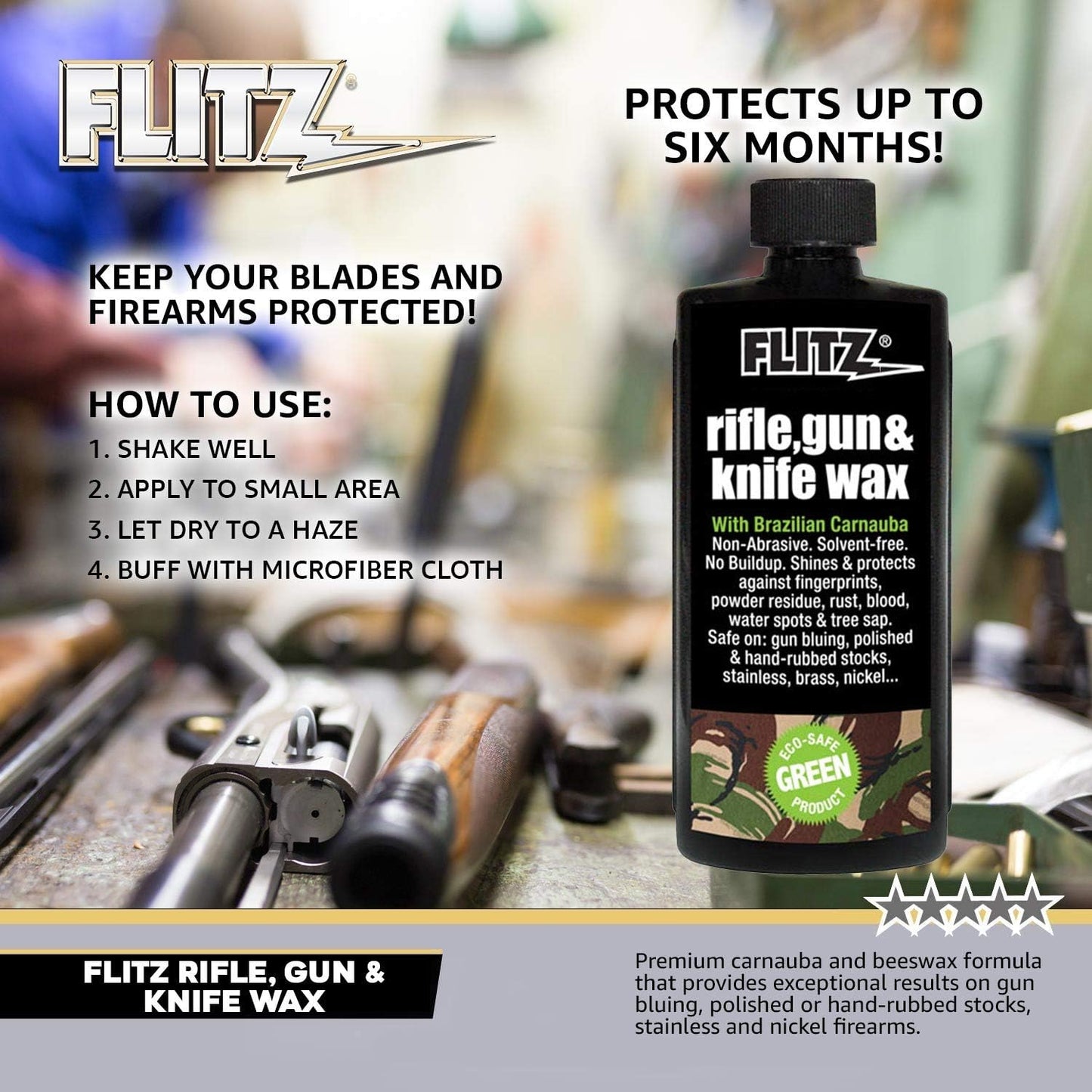 Flitz Rifle, Gun, Knife Wax - 7.6oz Bottle of USA-Made, Premium Beeswax & Carnauba to Polish, Protect, & Remove Water Stains, Fingerprints, Rust - Non-Abrasive, Water-Based Gun Stock Wax (1 Pack)