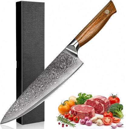 Japanese Chef Knife, 8 Inch Hand Forged Razor Sharp VG10, 67-Layer Damascus for Effortless Meat & Veggie Slicing, Rosewood Handle Full Tang Gyuto Knife, Gifts for Men & Women