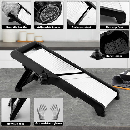 Mandoline Slicer, Mandoline Slicer for Kitchen, Adjustable Mandolin, Stainless Steel Mandoline, Vegetable Slicer, Potato, Onion, Cucumber, Tomato, Veggie Slicer with Cut-Resistant Gloves