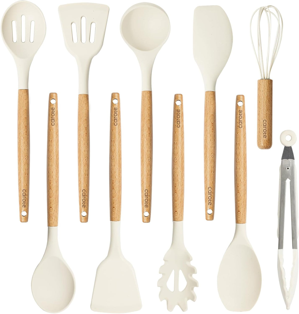 10-Piece Kitchen Utensils Set with Wood Cool-Touch Handles, Cream | Silicone Cooking Utensil, Food Grade, Nonstick Cookware Friendly, BPA-Free, Heat-Resistant, Everyday Home Essentials, Gifts