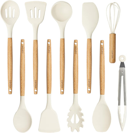 10-Piece Kitchen Utensils Set with Wood Cool-Touch Handles, Cream | Silicone Cooking Utensil, Food Grade, Nonstick Cookware Friendly, BPA-Free, Heat-Resistant, Everyday Home Essentials, Gifts