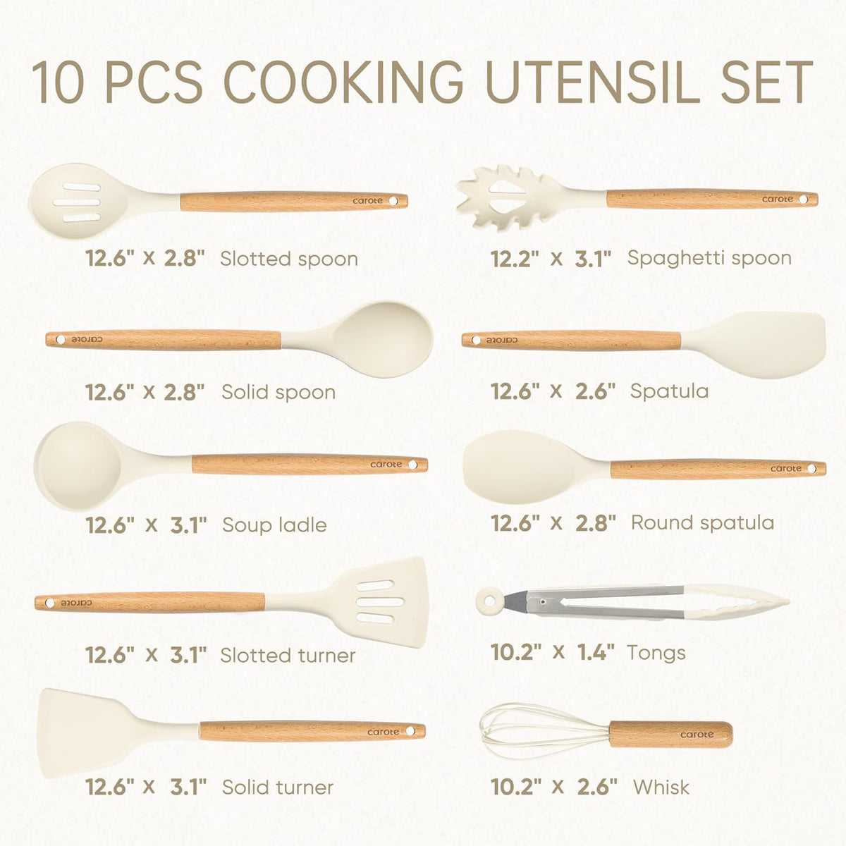 10-Piece Kitchen Utensils Set with Wood Cool-Touch Handles, Cream | Silicone Cooking Utensil, Food Grade, Nonstick Cookware Friendly, BPA-Free, Heat-Resistant, Everyday Home Essentials, Gifts