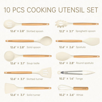 10-Piece Kitchen Utensils Set with Wood Cool-Touch Handles, Cream | Silicone Cooking Utensil, Food Grade, Nonstick Cookware Friendly, BPA-Free, Heat-Resistant, Everyday Home Essentials, Gifts