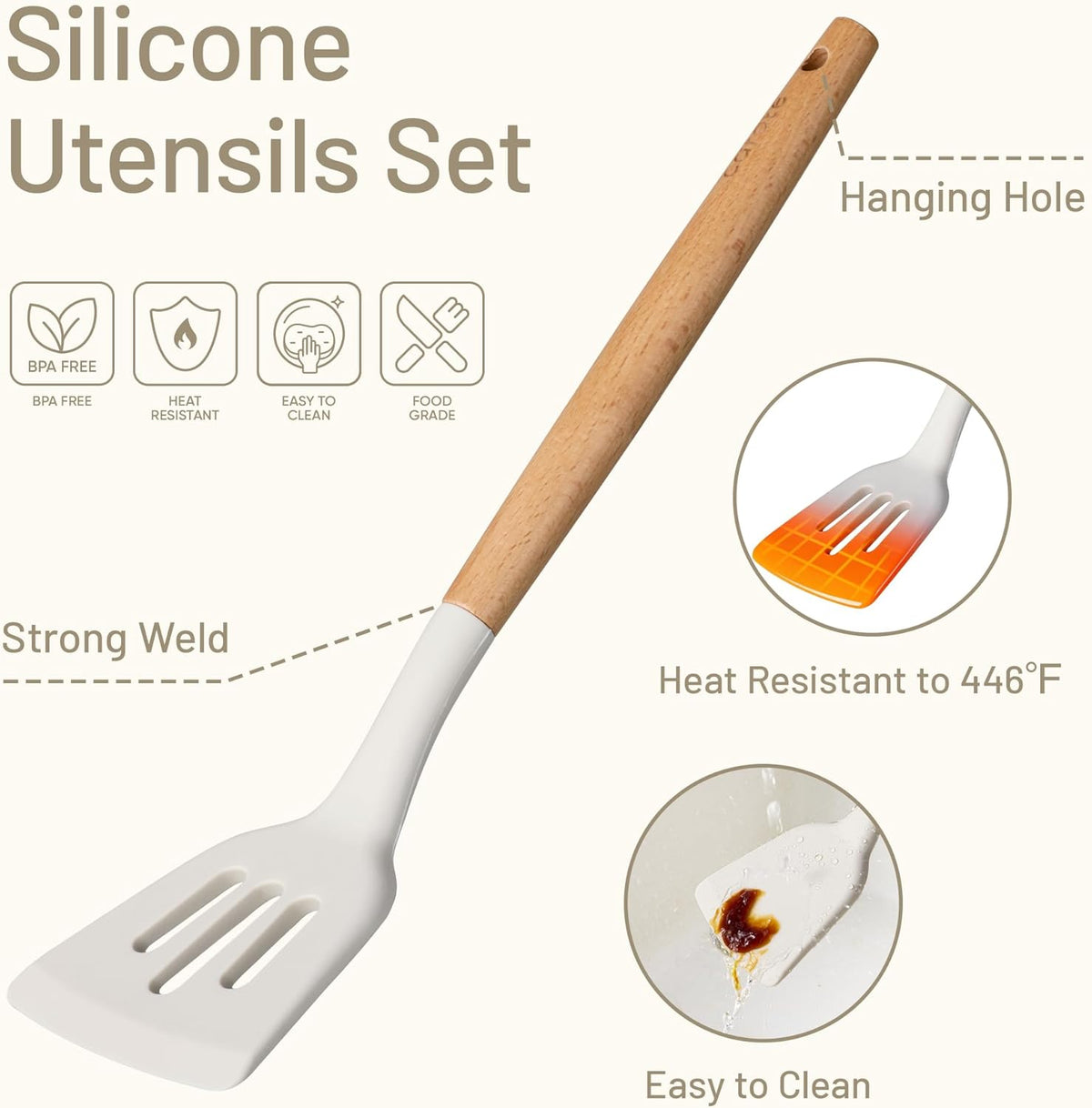 10-Piece Kitchen Utensils Set with Wood Cool-Touch Handles, Cream | Silicone Cooking Utensil, Food Grade, Nonstick Cookware Friendly, BPA-Free, Heat-Resistant, Everyday Home Essentials, Gifts