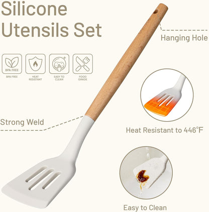 10-Piece Kitchen Utensils Set with Wood Cool-Touch Handles, Cream | Silicone Cooking Utensil, Food Grade, Nonstick Cookware Friendly, BPA-Free, Heat-Resistant, Everyday Home Essentials, Gifts