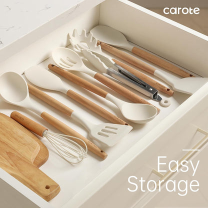 10-Piece Kitchen Utensils Set with Wood Cool-Touch Handles, Cream | Silicone Cooking Utensil, Food Grade, Nonstick Cookware Friendly, BPA-Free, Heat-Resistant, Everyday Home Essentials, Gifts