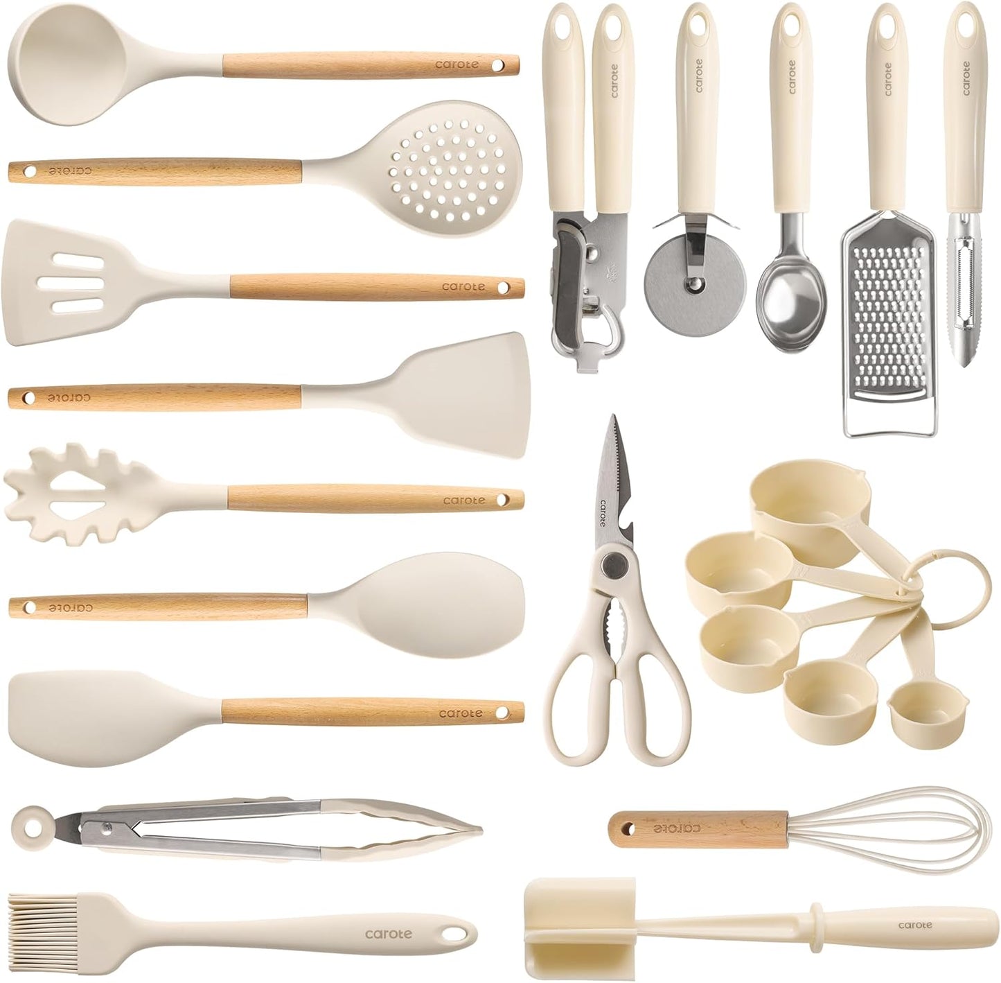 10-Piece Kitchen Utensils Set with Wood Cool-Touch Handles, Cream | Silicone Cooking Utensil, Food Grade, Nonstick Cookware Friendly, BPA-Free, Heat-Resistant, Everyday Home Essentials, Gifts