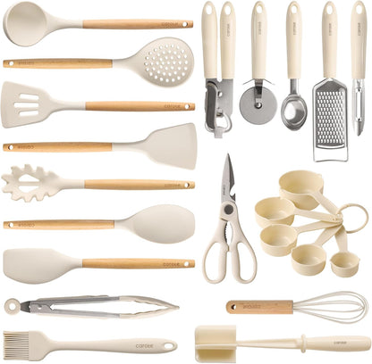 10-Piece Kitchen Utensils Set with Wood Cool-Touch Handles, Cream | Silicone Cooking Utensil, Food Grade, Nonstick Cookware Friendly, BPA-Free, Heat-Resistant, Everyday Home Essentials, Gifts