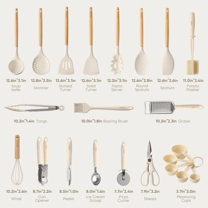 10-Piece Kitchen Utensils Set with Wood Cool-Touch Handles, Cream | Silicone Cooking Utensil, Food Grade, Nonstick Cookware Friendly, BPA-Free, Heat-Resistant, Everyday Home Essentials, Gifts