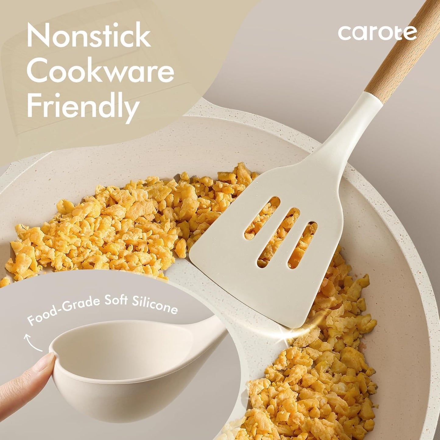 10-Piece Kitchen Utensils Set with Wood Cool-Touch Handles, Cream | Silicone Cooking Utensil, Food Grade, Nonstick Cookware Friendly, BPA-Free, Heat-Resistant, Everyday Home Essentials, Gifts