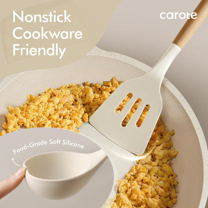 10-Piece Kitchen Utensils Set with Wood Cool-Touch Handles, Cream | Silicone Cooking Utensil, Food Grade, Nonstick Cookware Friendly, BPA-Free, Heat-Resistant, Everyday Home Essentials, Gifts